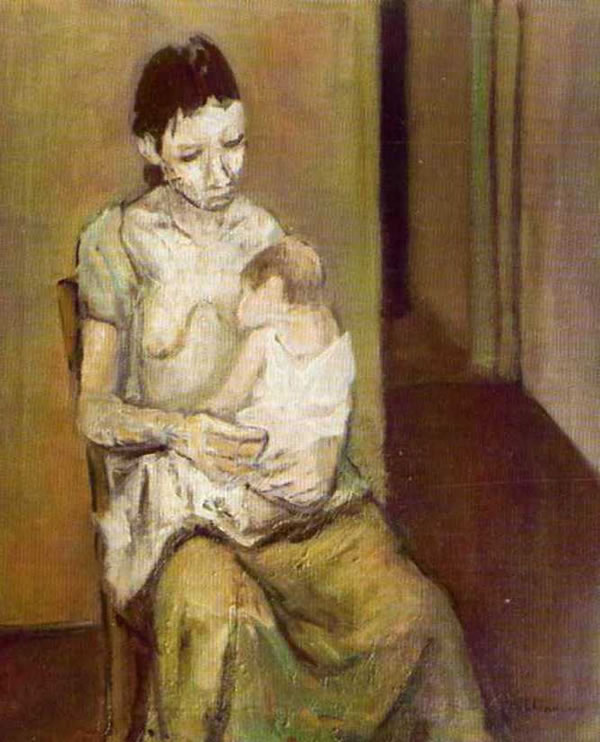 Interno con madre che allatta, anni ’60, olio, cm 60x50, Aversa, collezione privata